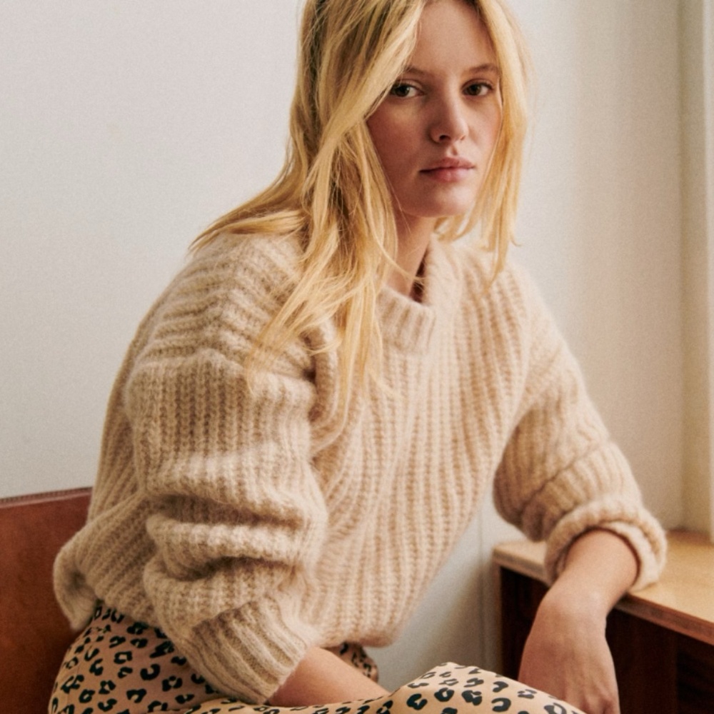 Sezane Cream Ribbed Sweater